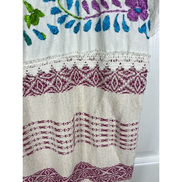 Cream Embroidered Floral Bird Colorful Cotton Boho Festival Dress Small Mexico - Picture 3 of 6